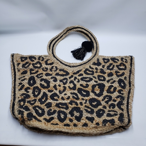 America & Beyond Jute Leopard Print Tote Bag Large Tan Black - Picture 3 of 16